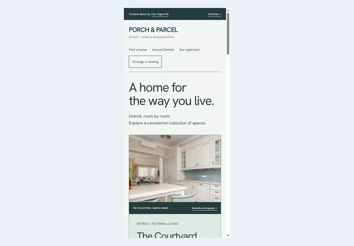 Porch & Parcel’s mobile homepage, with the property details below its photograph.