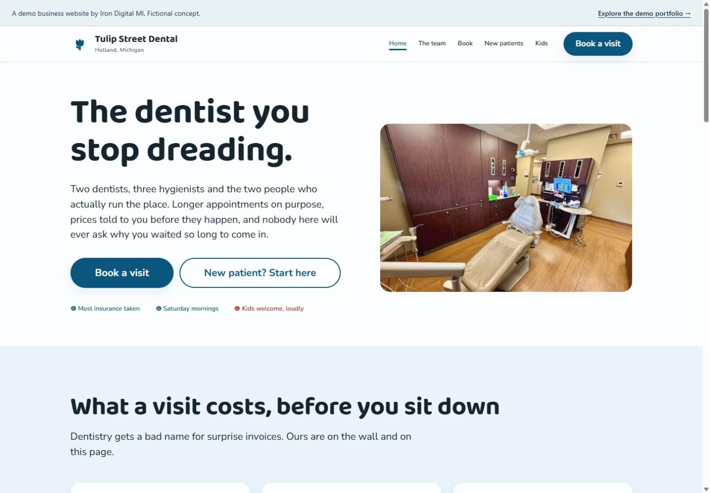 Tulip Street Dental homepage with a treatment-room photograph and first-visit booking choices