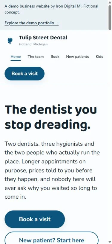 Tulip Street Dental mobile homepage design