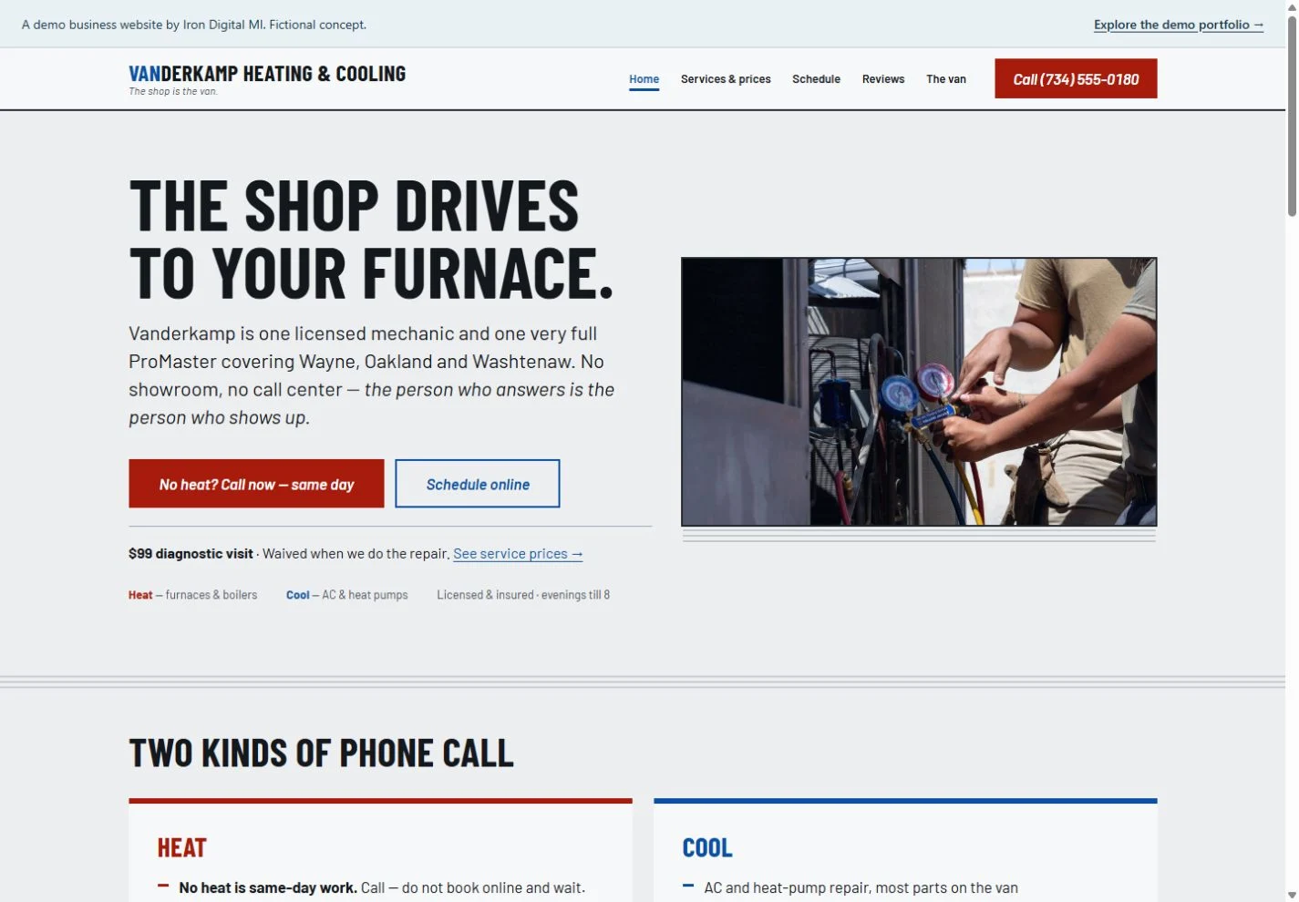 Vanderkamp HVAC desktop homepage design