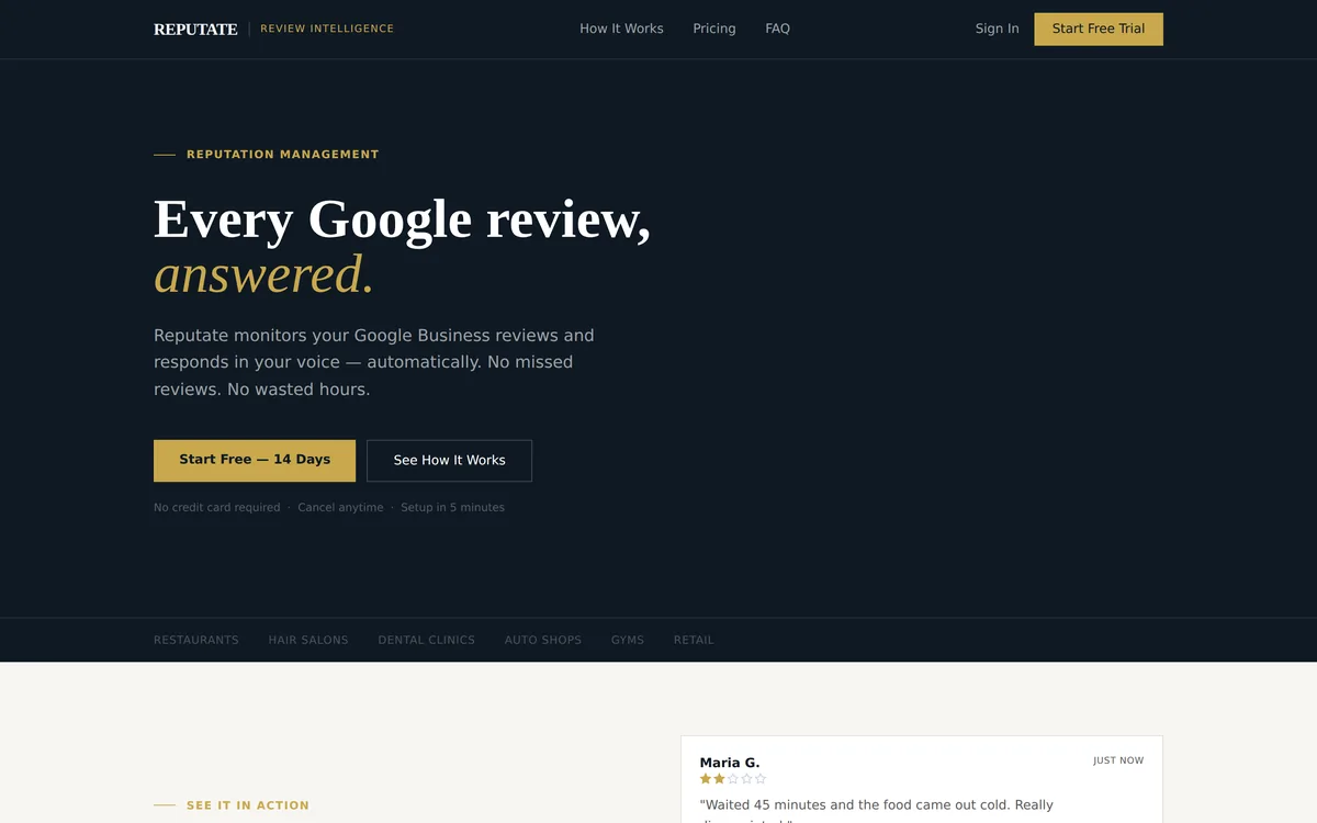 Reputate homepage — every Google review, answered