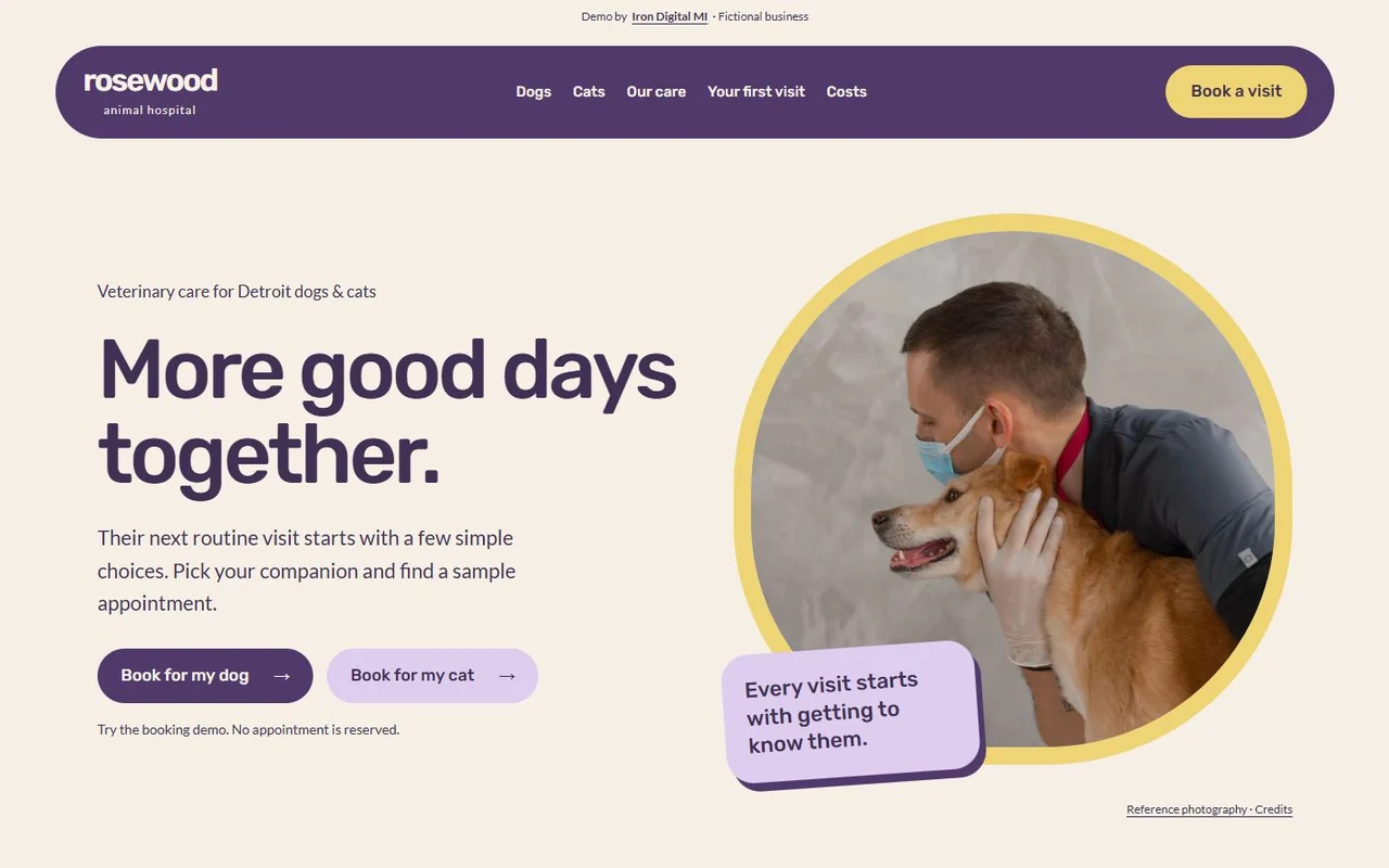 Rosewood Animal Hospital desktop homepage. Dog and cat booking buttons appear beside the pet portrait, with separate links for first visits, costs, and urgent help.