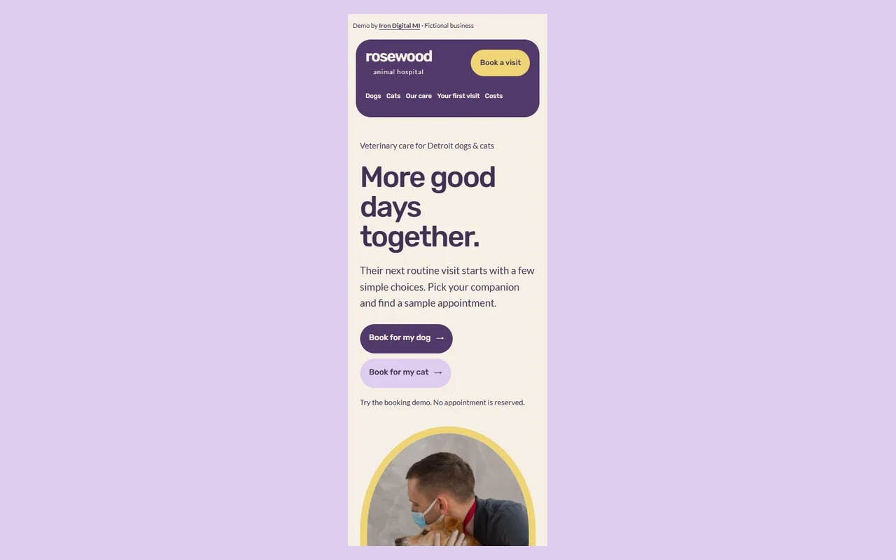 Rosewood Animal Hospital mobile homepage with its primary action.