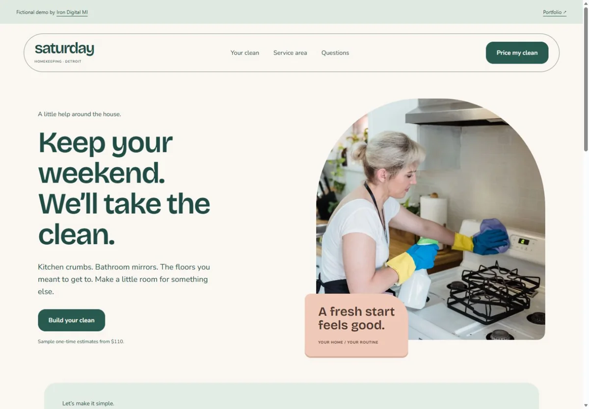 Saturday Homekeeping desktop homepage. The homepage leads to a service checklist, coverage information, and the quote builder.