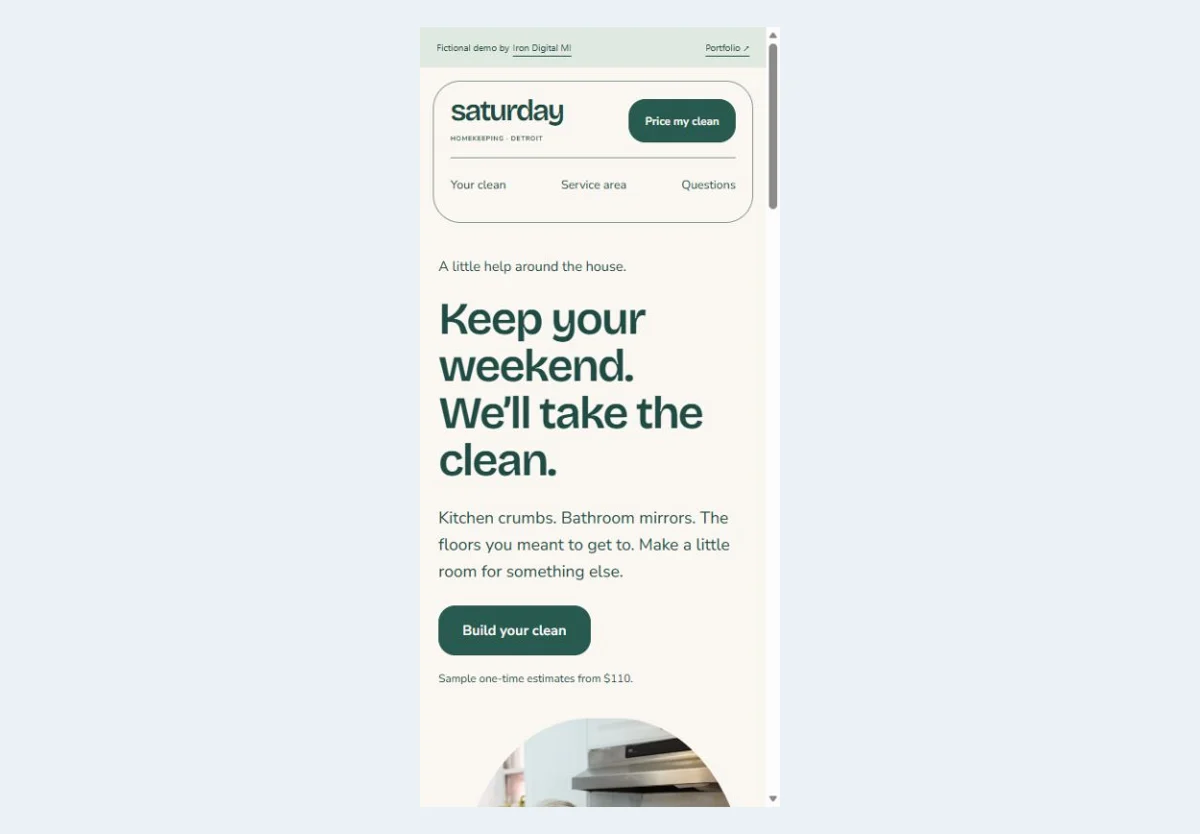 Saturday Homekeeping mobile homepage with its primary action.