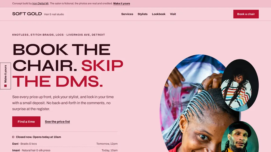 Soft Gold: a hair salon site where you book the chair without a single DM