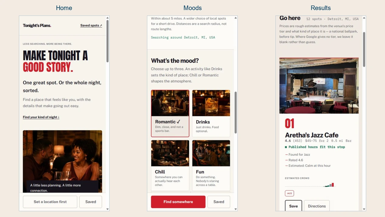 Tonight’s Plans mobile views: homepage, mood selection and recommendations