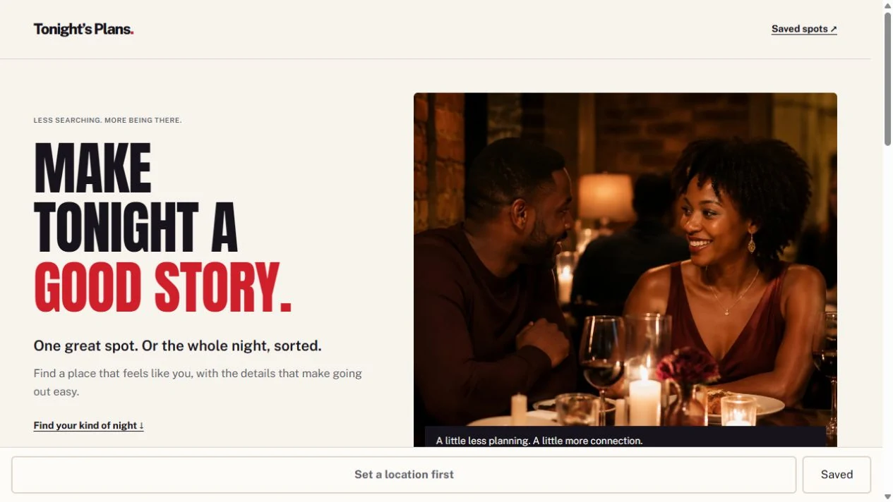 Tonight’s Plans homepage with the headline Make tonight a good story