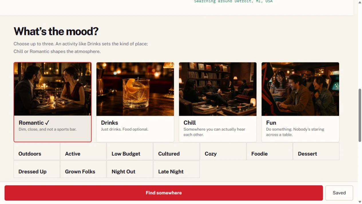 The mood selection step, with Romantic, Drinks, Chill and Fun options