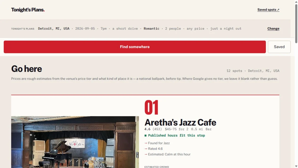 Detroit recommendations with a featured venue, ratings and price estimates