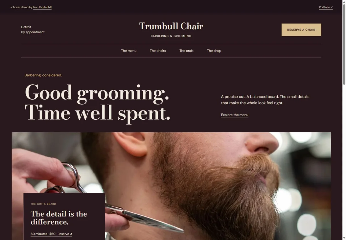 Trumbull Chair desktop homepage. The service menu, barber profiles, lookbook, and reservation page have separate routes.
