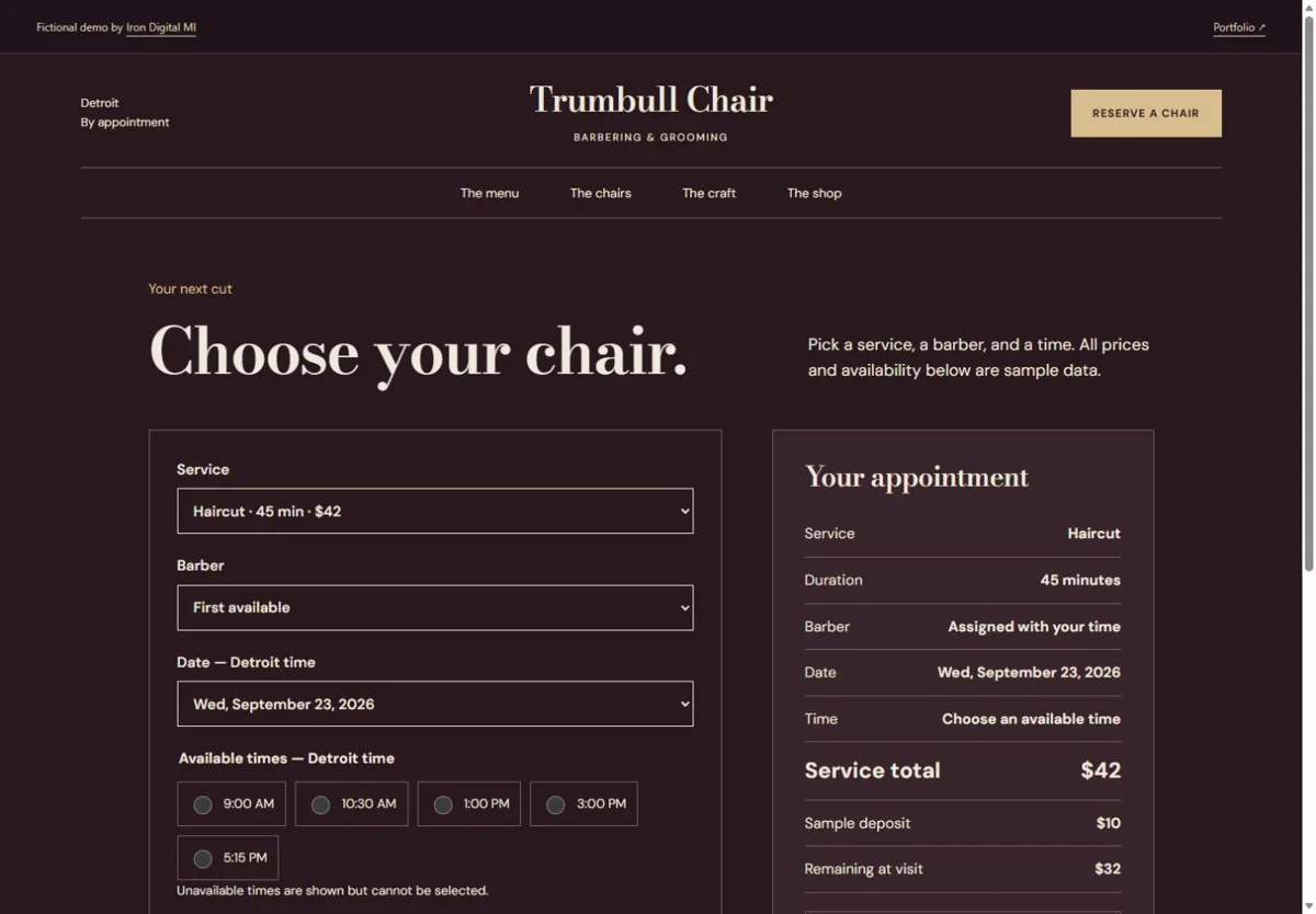 Trumbull Chair workflow. A service and barber selector sit beside duration, price, deposit, and remaining-balance details.