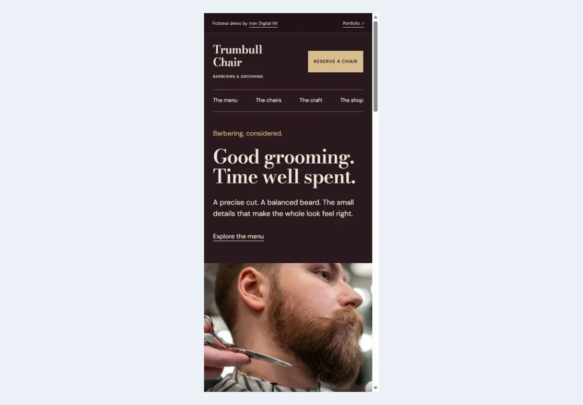 Trumbull Chair mobile homepage with its primary action.