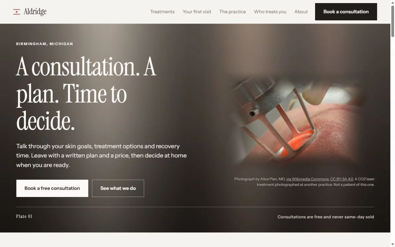 Aldridge Aesthetics desktop homepage design