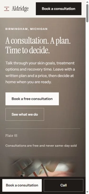 Aldridge Aesthetics mobile homepage design
