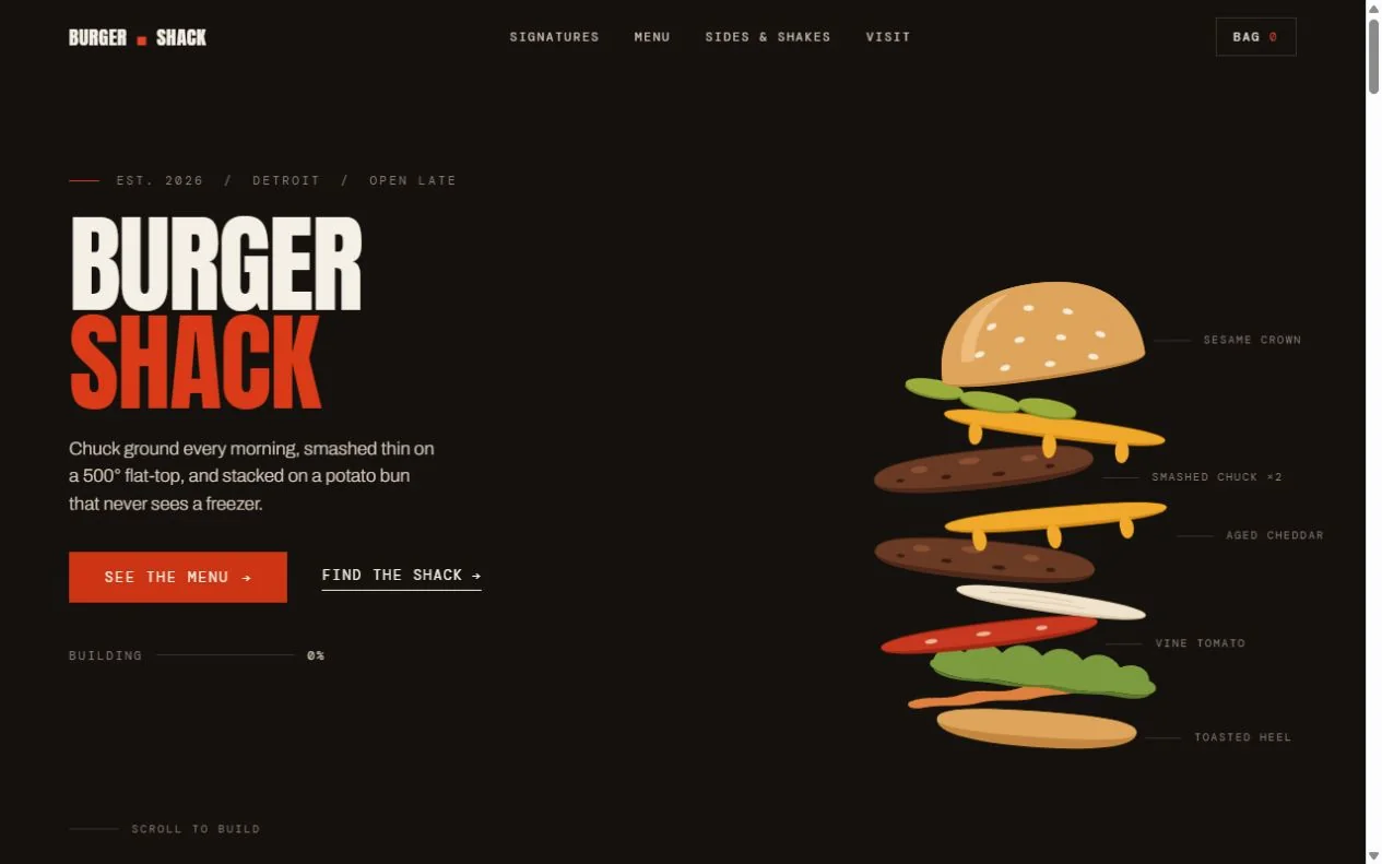 Burger Shack hero — the stack assembles as you scroll