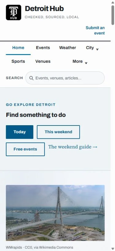 Detroit Hub mobile homepage, events and weather views