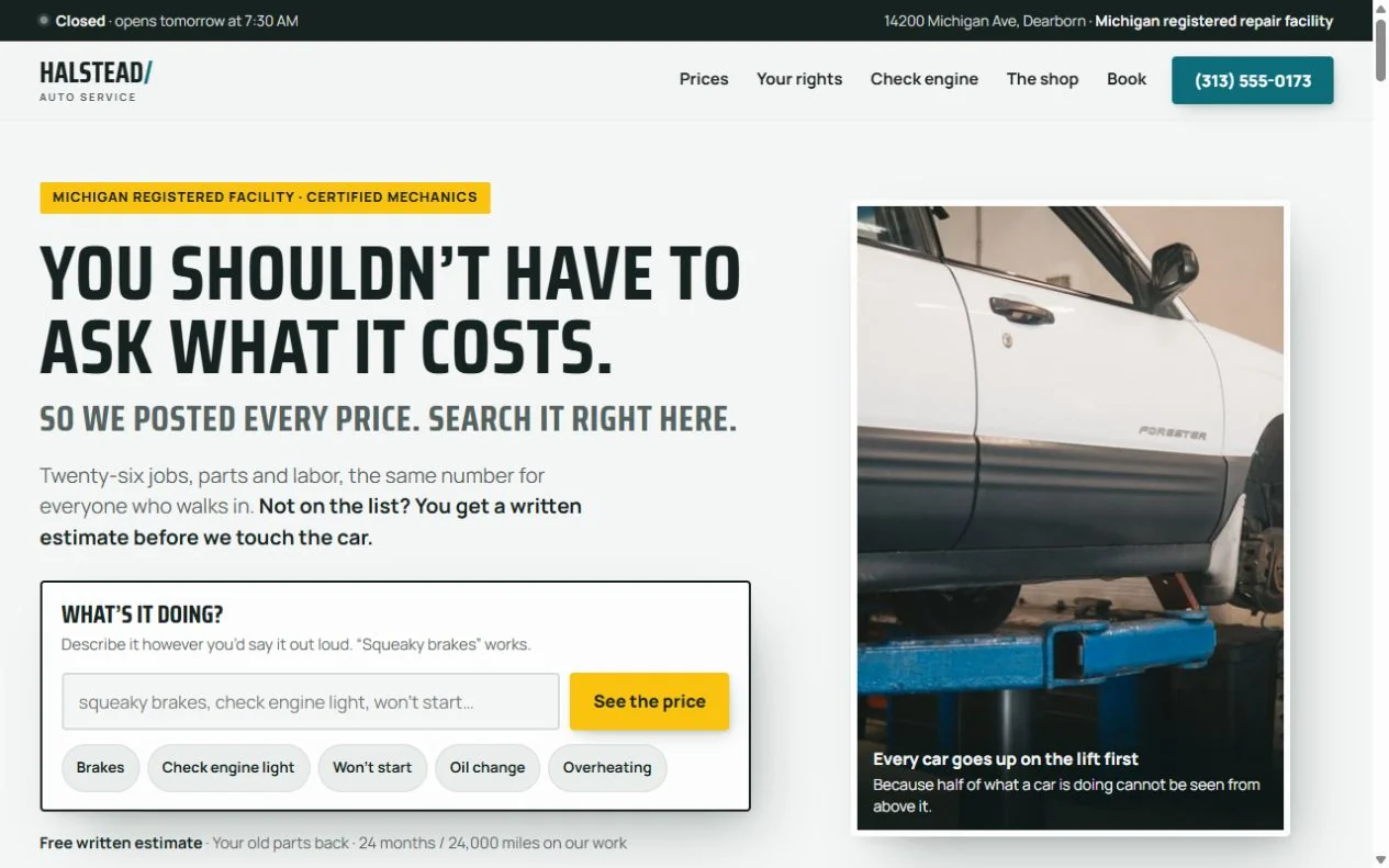 Halstead Auto Service hero, every price posted and searchable