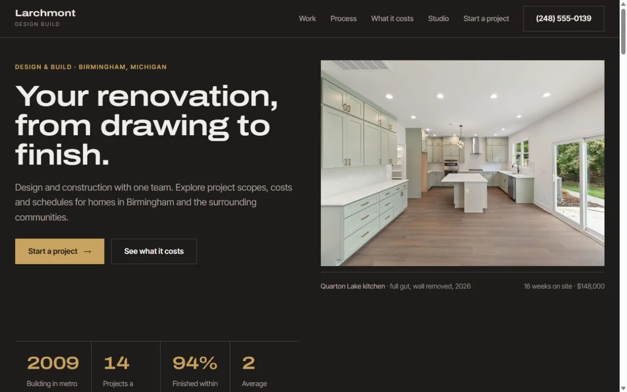 Larchmont Design Build homepage — renovation and finished kitchen