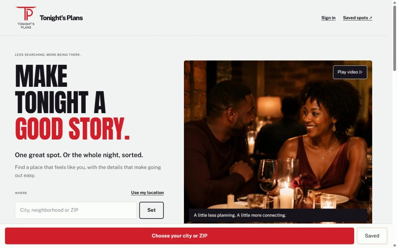Tonight’s Plans homepage with TP logo, location input and social video