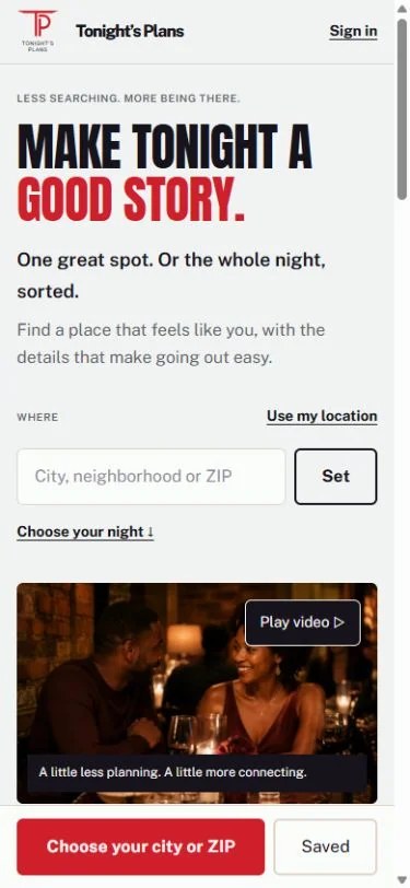 Tonight&rsquo;s Plans mobile views: homepage, mood selection and recommendations