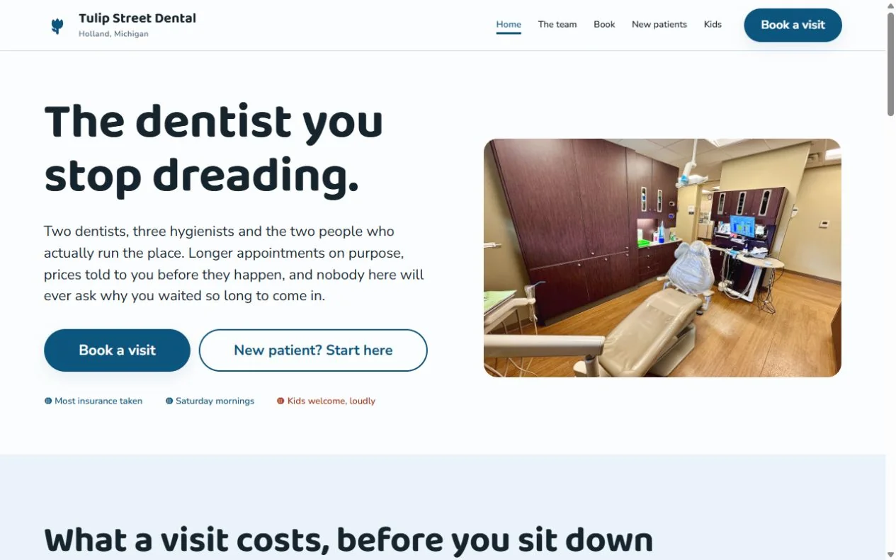 Tulip Street Dental desktop homepage design