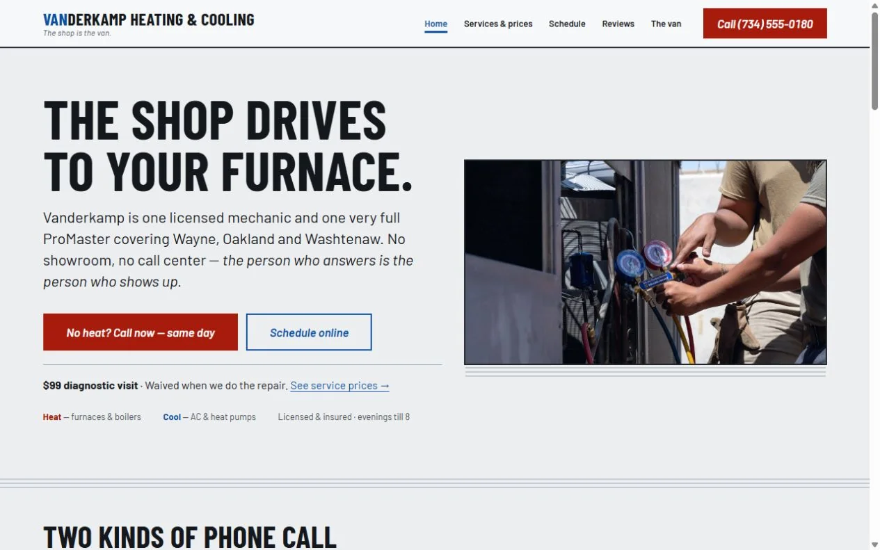 Vanderkamp HVAC desktop homepage design