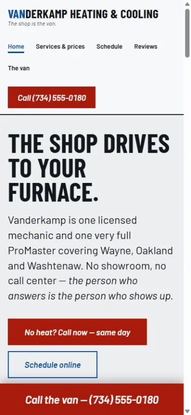 Vanderkamp HVAC mobile homepage design