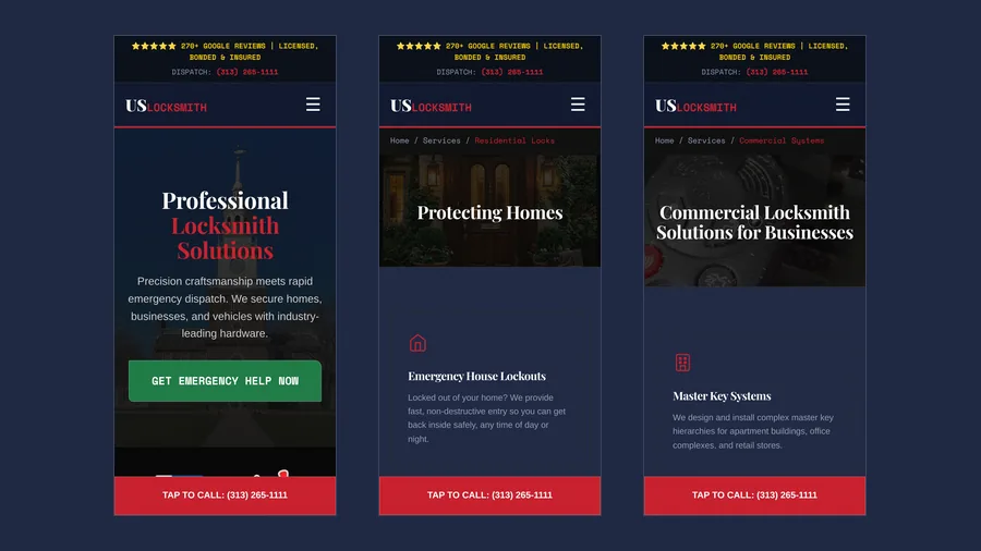 US Locksmith mobile homepage, residential and commercial service views