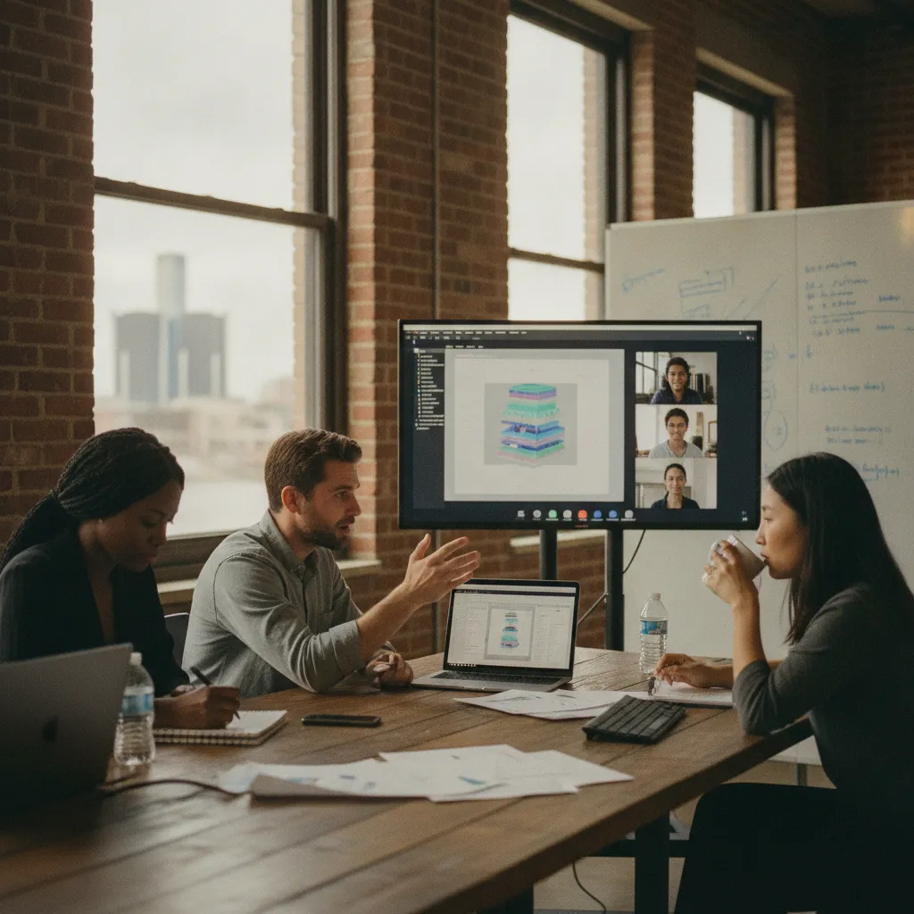 Remote developers collaborating on a screen with Detroit HQ team members