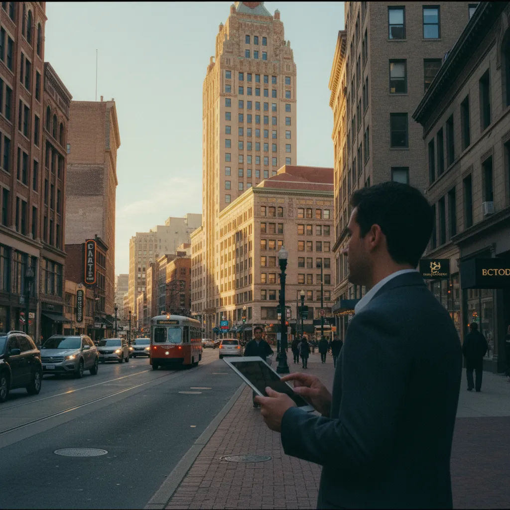 Detroit skyline with modern tech overlay