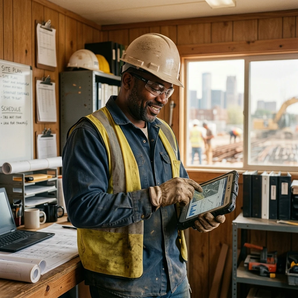 Contractor using a tablet to input service request data