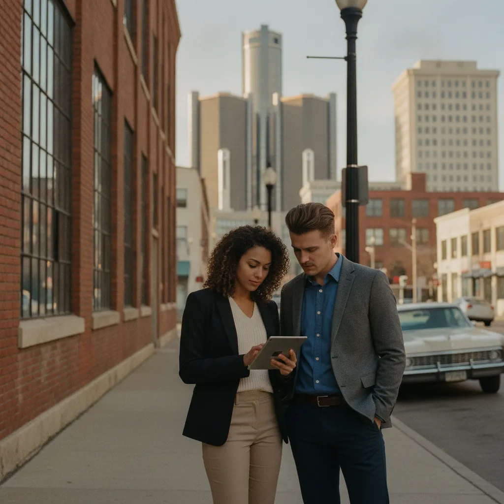 Cloud infrastructure costs, data visualization, and a Detroit city skyline in the background