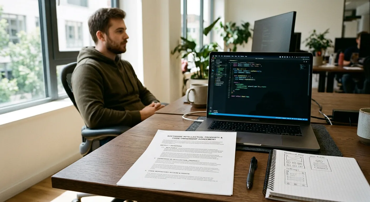 Software engineer reviewing application architecture and secure source code repositories on office computers