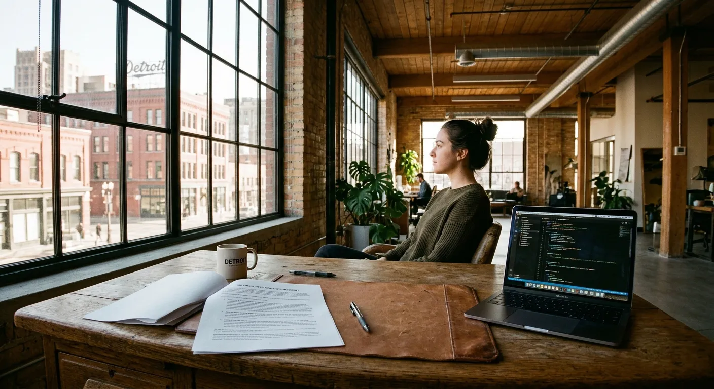 Detroit business executive reviewing software architecture and developer contracts