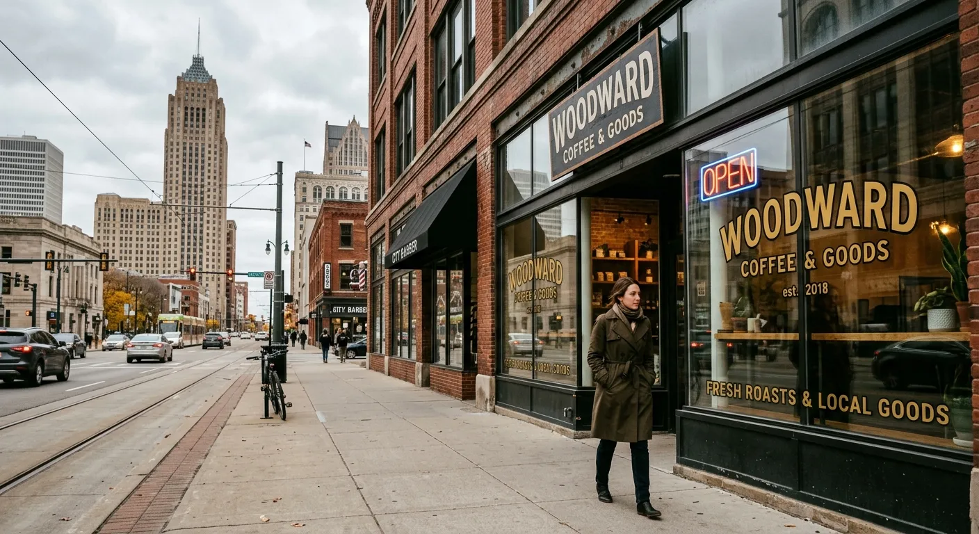Detroit city storefront with clean modern streetscape