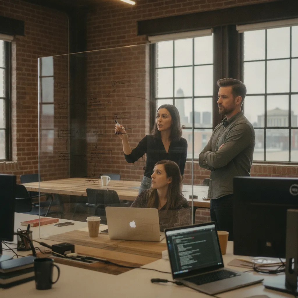 A diverse team of software engineers collaborating around a whiteboard in a modern Detroit office