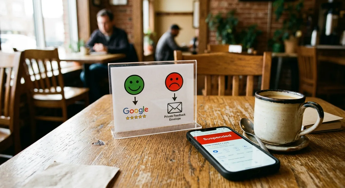 Mockup of a tablet displaying a clean and compliant local search review funnel