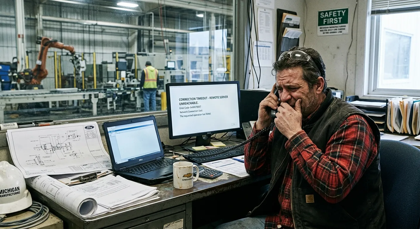 Engineers reviewing industrial software architecture on a screen in a Michigan manufacturing plant