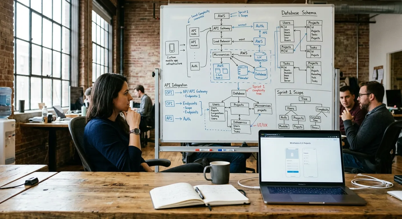 Software development team analyzing application architecture wireframes and database schematics on workstation monitors