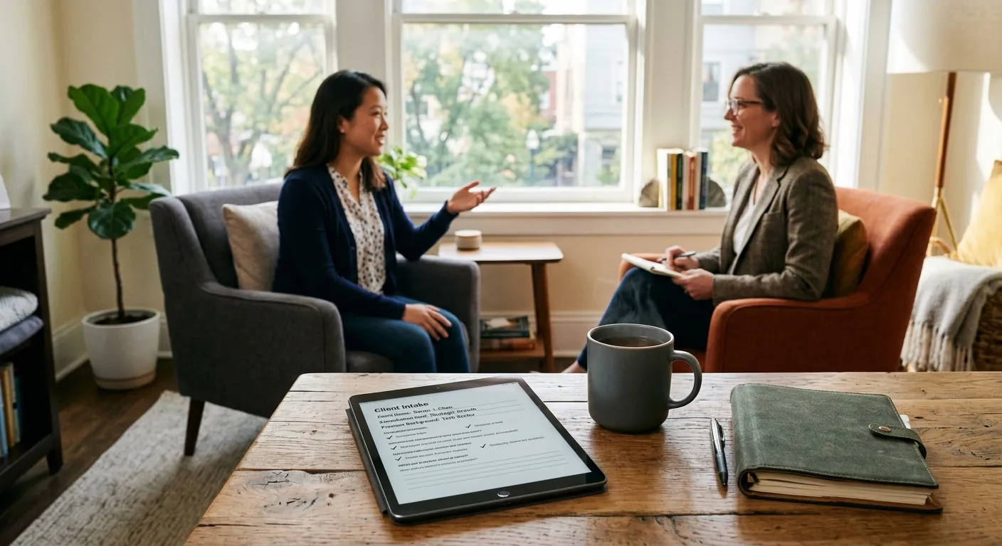 A business office showing a tablet with structured business workflows alongside client consultation notes.