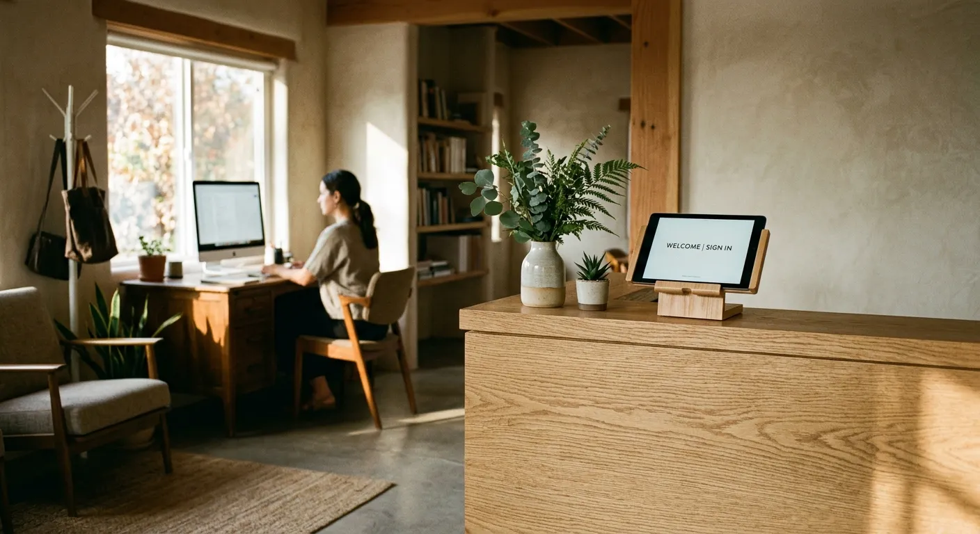 Professional customer intake desk showing technology and human interaction