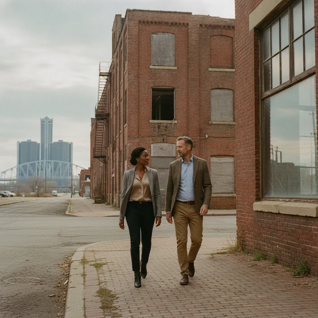 Detroit industrial skyline with modern digital overlay