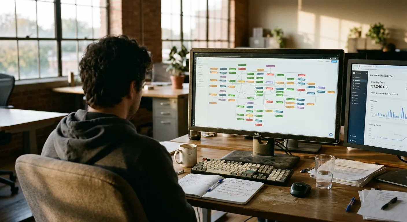 Developer looking at custom code integration dashboard alongside cloud architecture diagram